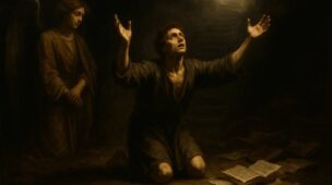 Homem ajoelhado em oração sob luz divina, expressão de arrependimento e fé.