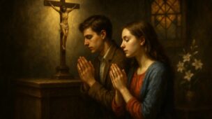 Casal católico ajoelhado em oração diante do crucifixo em uma capela iluminada por luz suave, simbolizando fé, amor e entrega a Deus.
