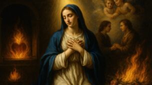Imagem barroca de Nossa Senhora em atitude de oração, com as mãos cruzadas sobre o peito, vestida de azul e branco. Ao fundo, corações em chamas simbolizam o amor divino, enquanto dois anjos observam do alto envoltos em luz.