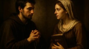 Casal cristão em estilo barroco, um homem segurando um terço e uma mulher com um véu segurando uma Bíblia, simbolizando diálogo, respeito e discernimento sobre o namoro entre católicos e evangélicos.