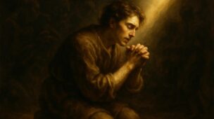 Homem ajoelhado em oração, iluminado por um feixe de luz, em estilo barroco.