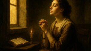 Mulher de olhos fechados segura um terço e reza em silêncio diante de uma janela iluminada e uma vela acesa, com um livro sagrado sobre a mesa, em estilo de pintura barroca.