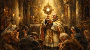 Sacerdote elevando o ostensório com o Santíssimo Sacramento dentro de uma igreja iluminada por velas, fiéis ajoelhados em adoração e luz dourada descendo do alto em estilo pintura barroca.