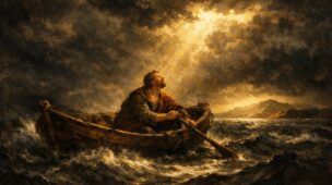 Homem em um pequeno barco de madeira enfrenta ondas fortes no mar escuro, segurando um remo enquanto olha para o céu, onde um feixe de luz dourada atravessa as nuvens, simbolizando a confiança em Deus em meio à tempestade.