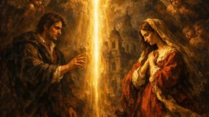 Cena em estilo pintura barroca mostrando um homem e uma mulher separados por uma luz dourada divina, simbolizando o matrimônio cristão, com anjos ao fundo e uma igreja barroca ao centro, representando pureza, sacralidade e ordem divina da sexualidade.